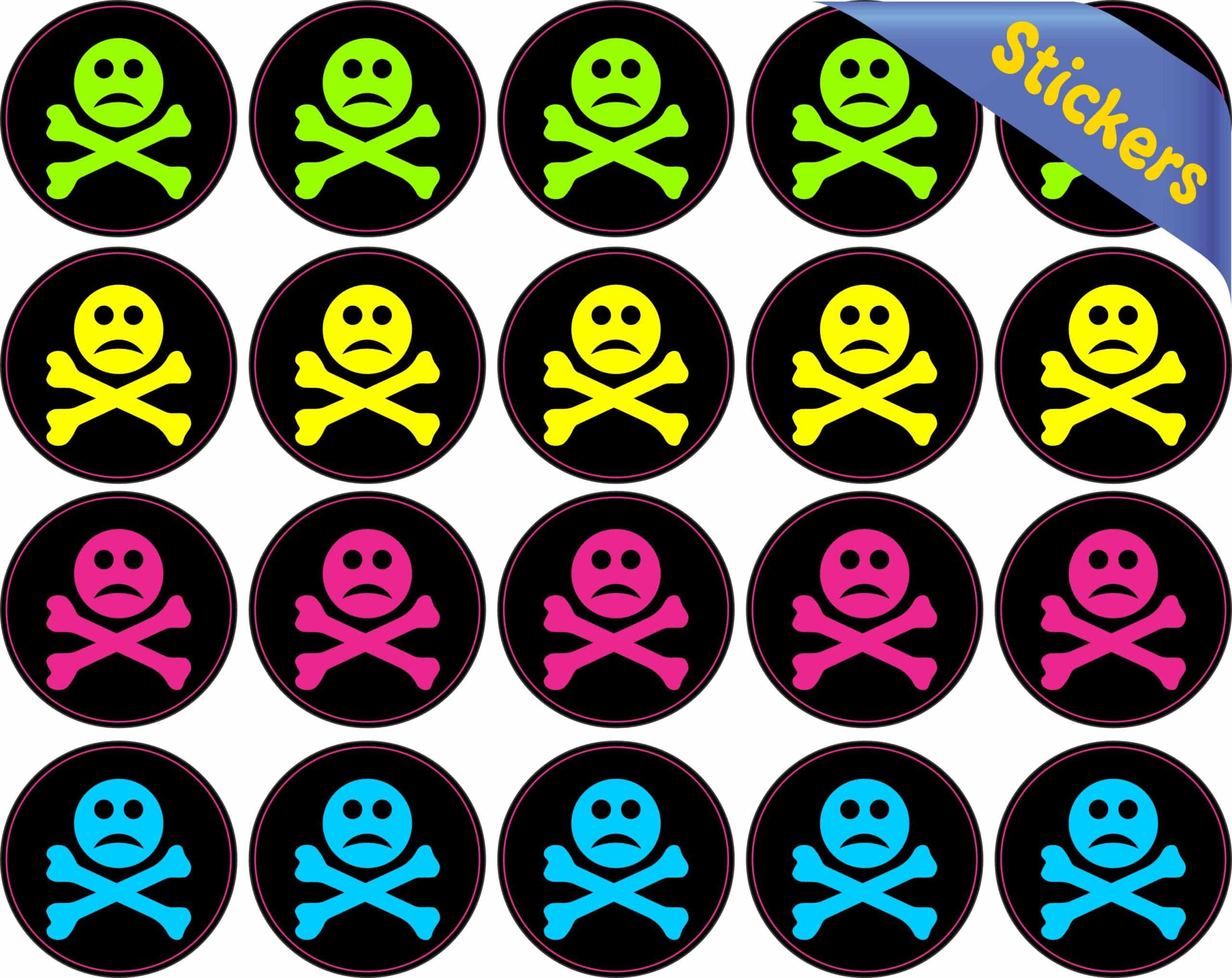 skull and crossbones, sad facial expression, circular badges - vinyl removable sticker