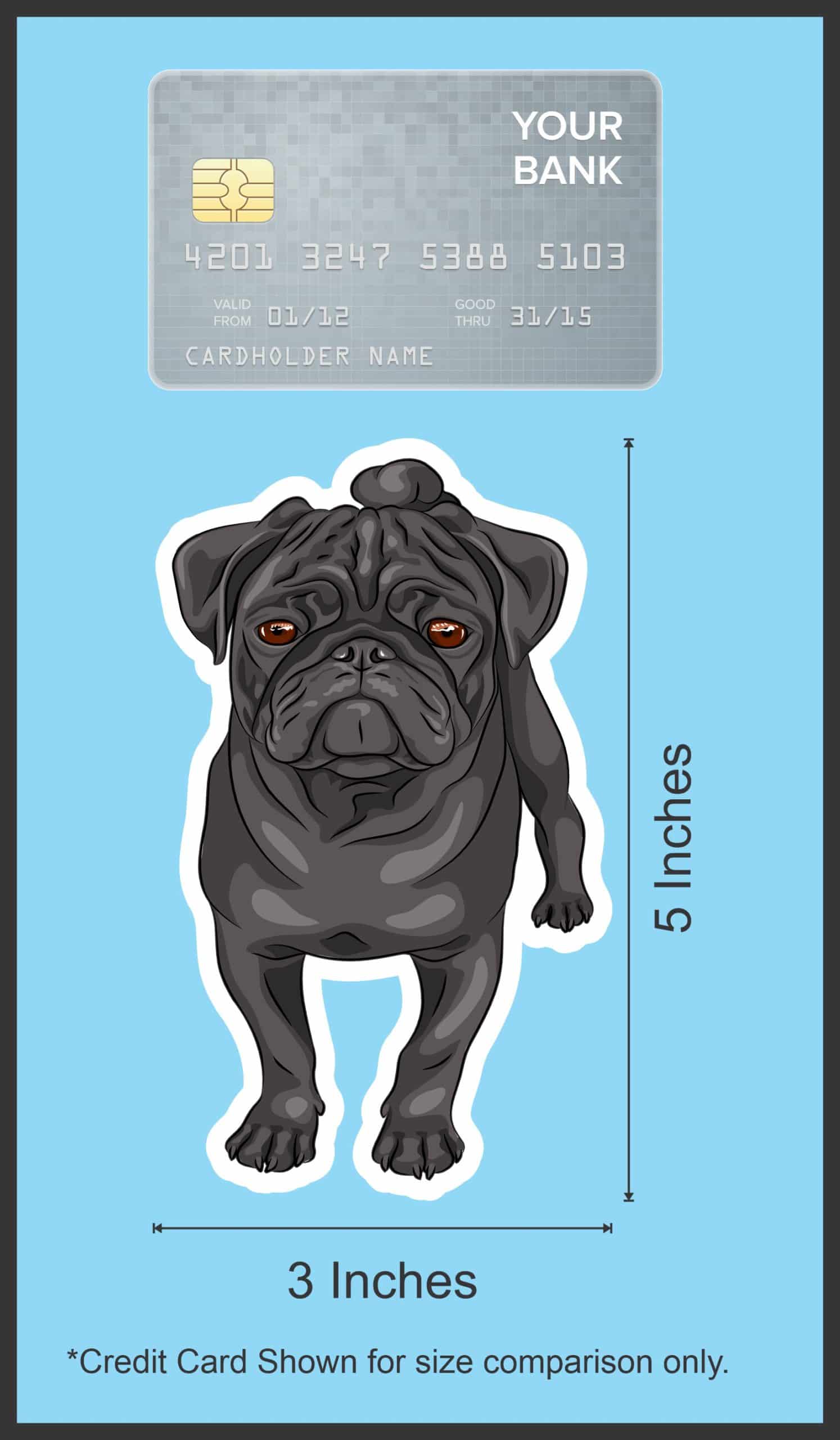 cartoon pug illustration, detailed facial features, brown eyes - vinyl removable sticker