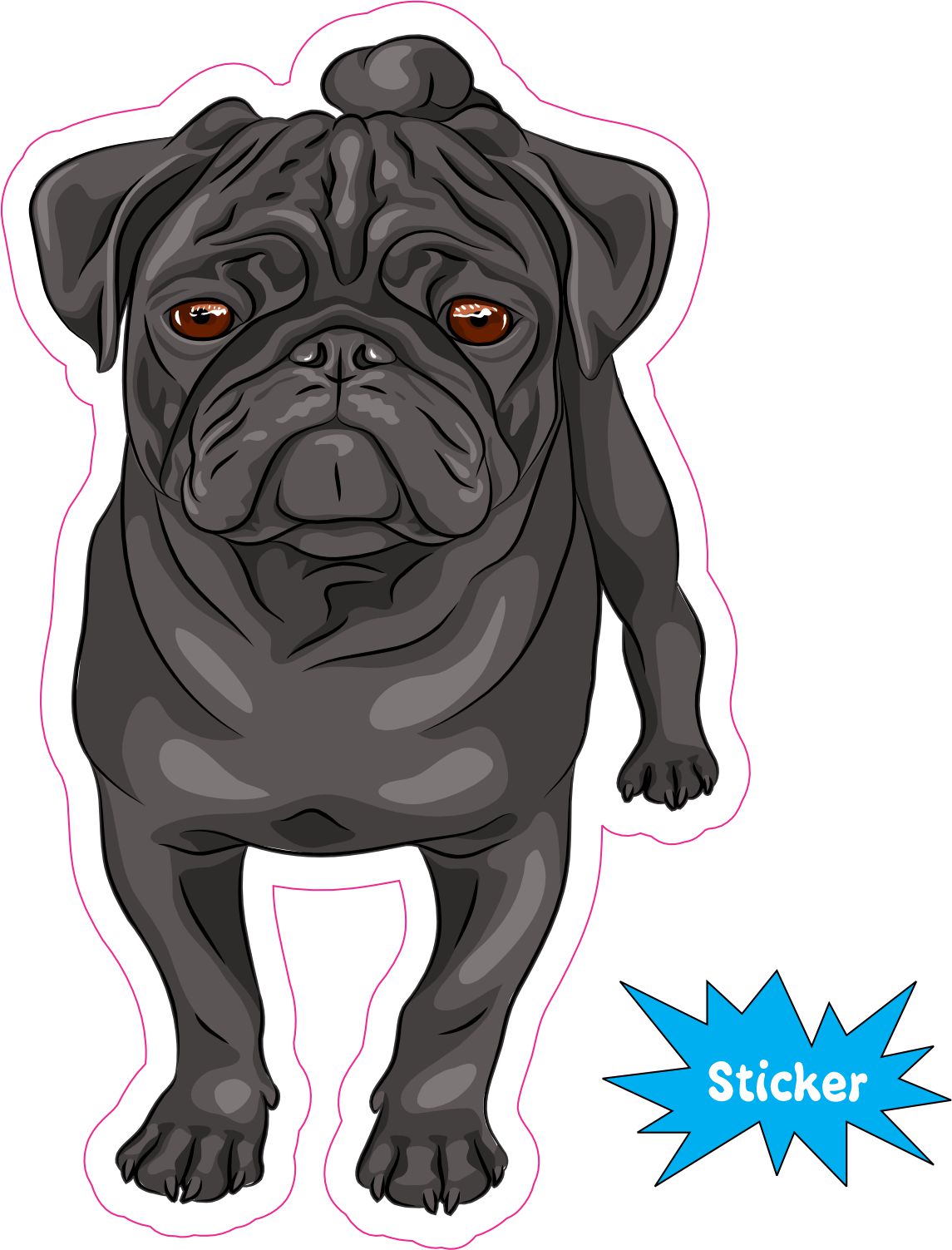 cartoon pug illustration, detailed facial features, brown eyes - vinyl removable sticker