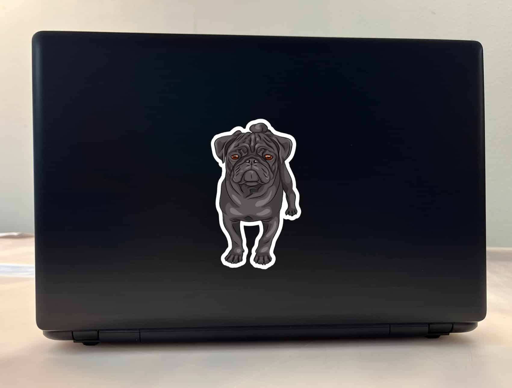 cartoon pug illustration, detailed facial features, brown eyes - vinyl removable sticker
