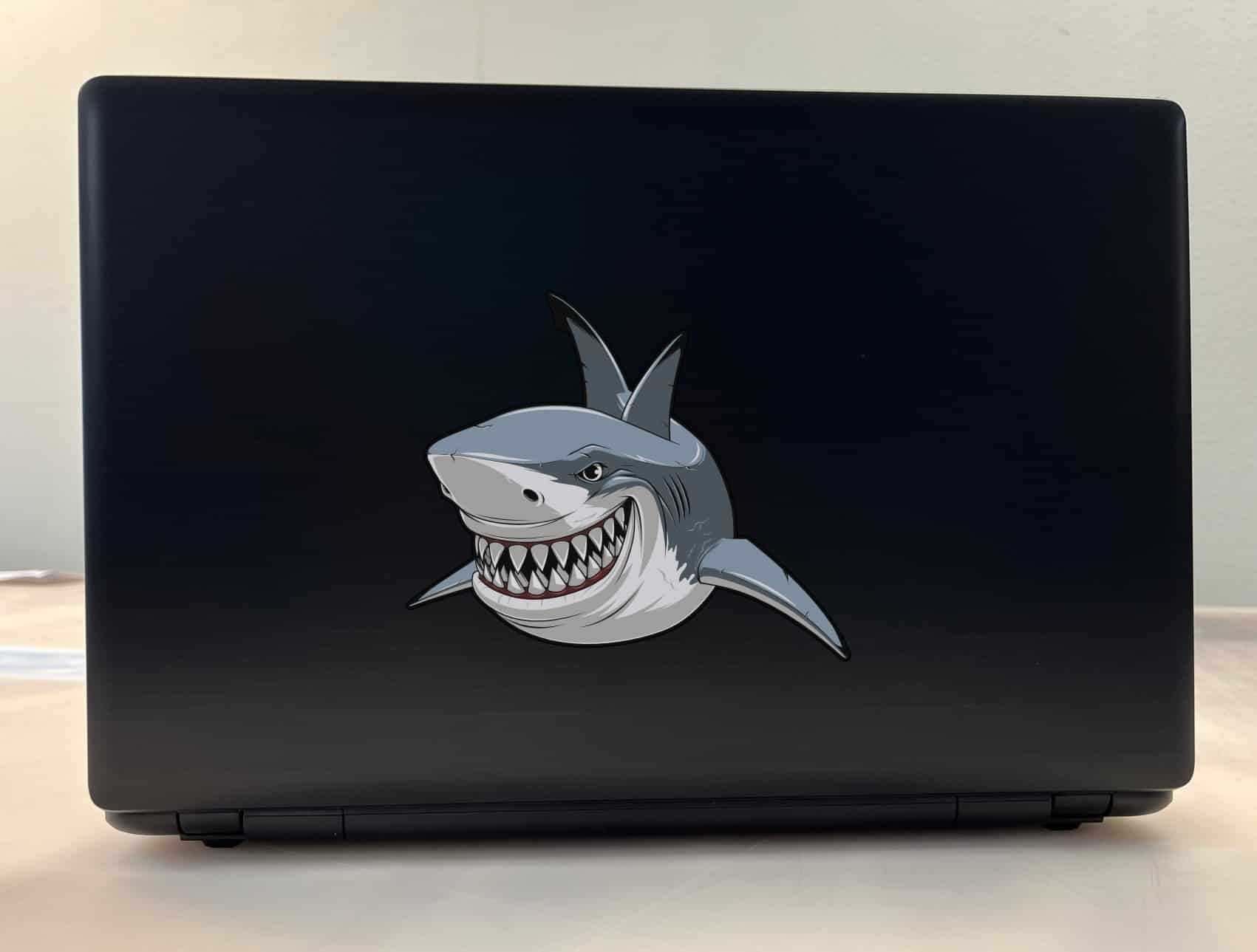 menacing shark face, sharp teeth, cartoon-style artwork - vinyl removable sticker