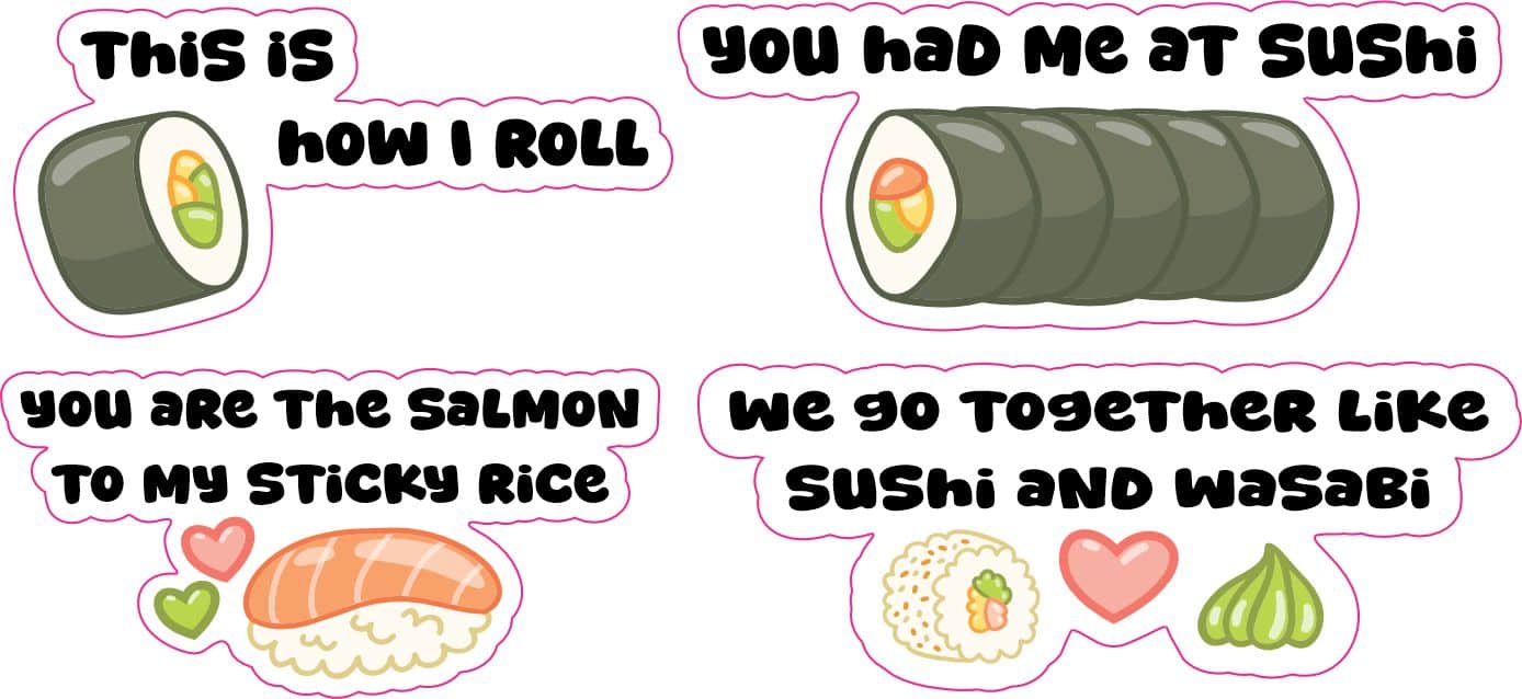 cartoon sushi rolls, cute food characters, pun text - vinyl removable sticker