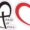 heart shape, cross symbol, PAID IN FULL text - vinyl removable sticker