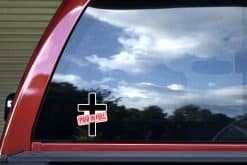 black cross, red stamp overlay, bold typography - vinyl removable sticker