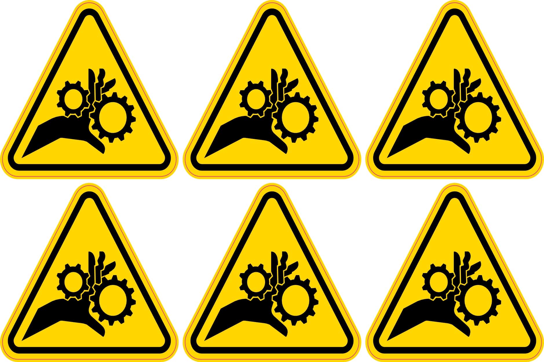 triangular warning shape, hand and gear silhouette, bold contrasting colors - vinyl removable sticker