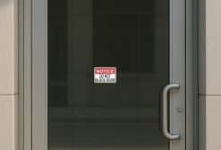 red header banner, bold white text, black sans-serif lettering - vinyl removable sticker