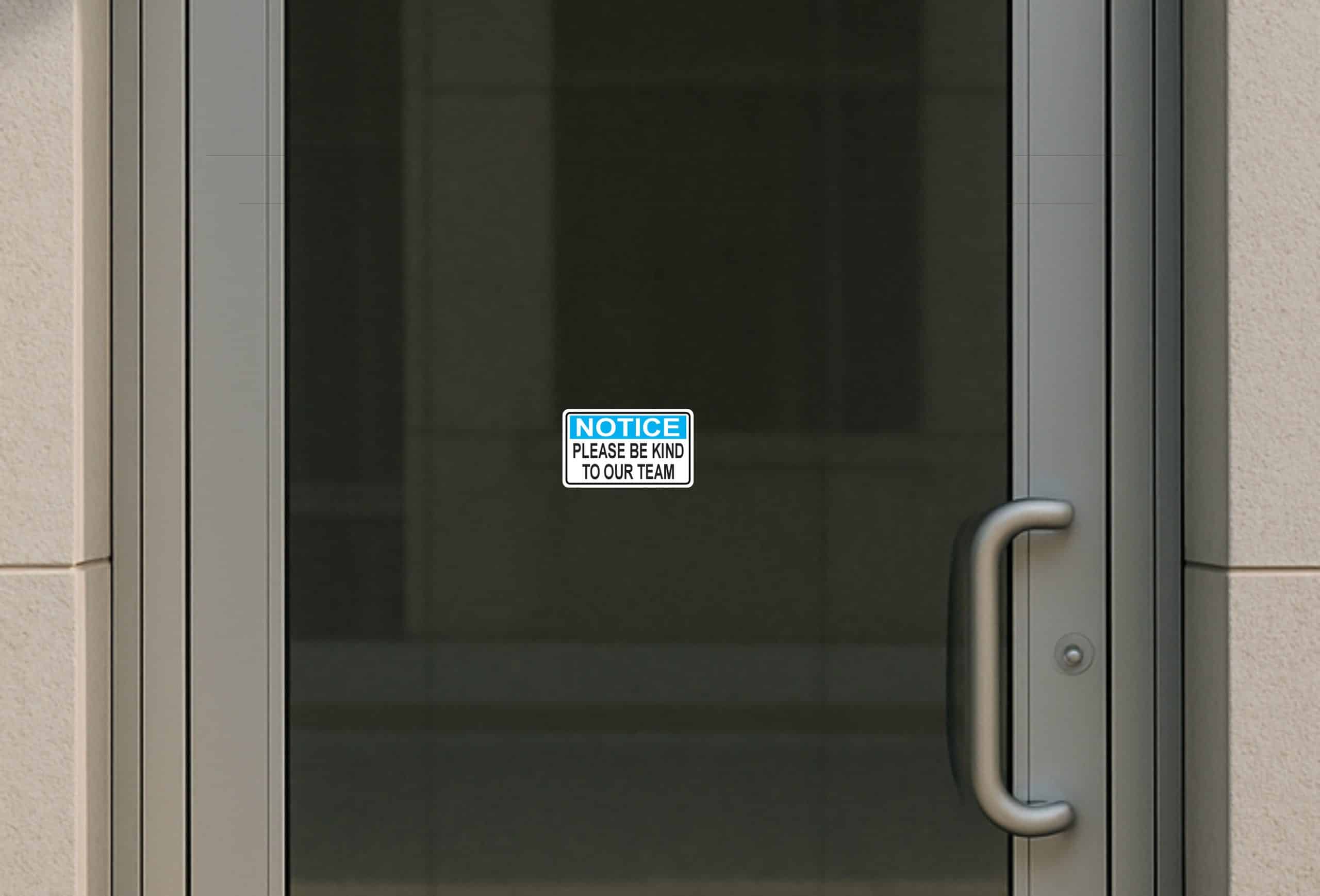 blue header banner, bold white notice text, black body text - vinyl removable sticker