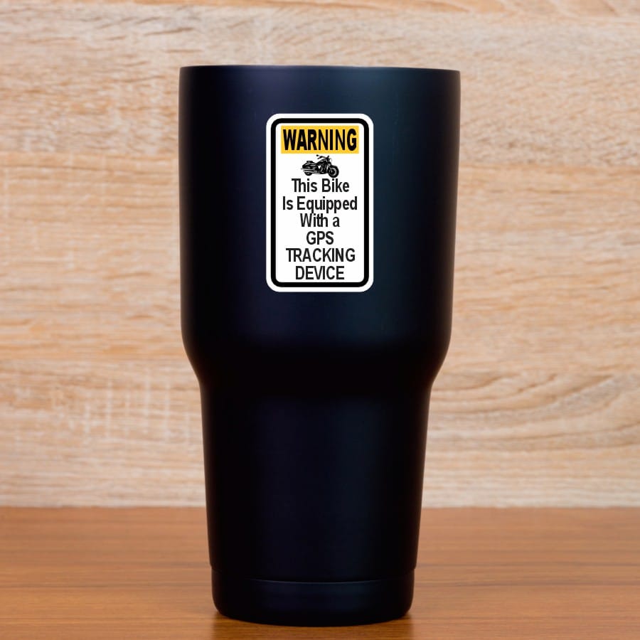 motorcycle silhouette graphic, warning text layout, high contrast color scheme - vinyl removable sticker