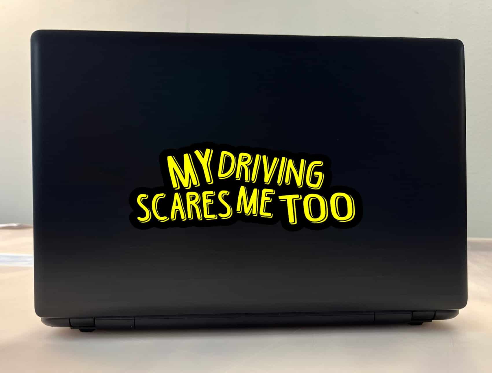 StickerTalk My Driving Scares Me Too Yellow and Black Vinyl Sticker, 8 inches by 3 inches