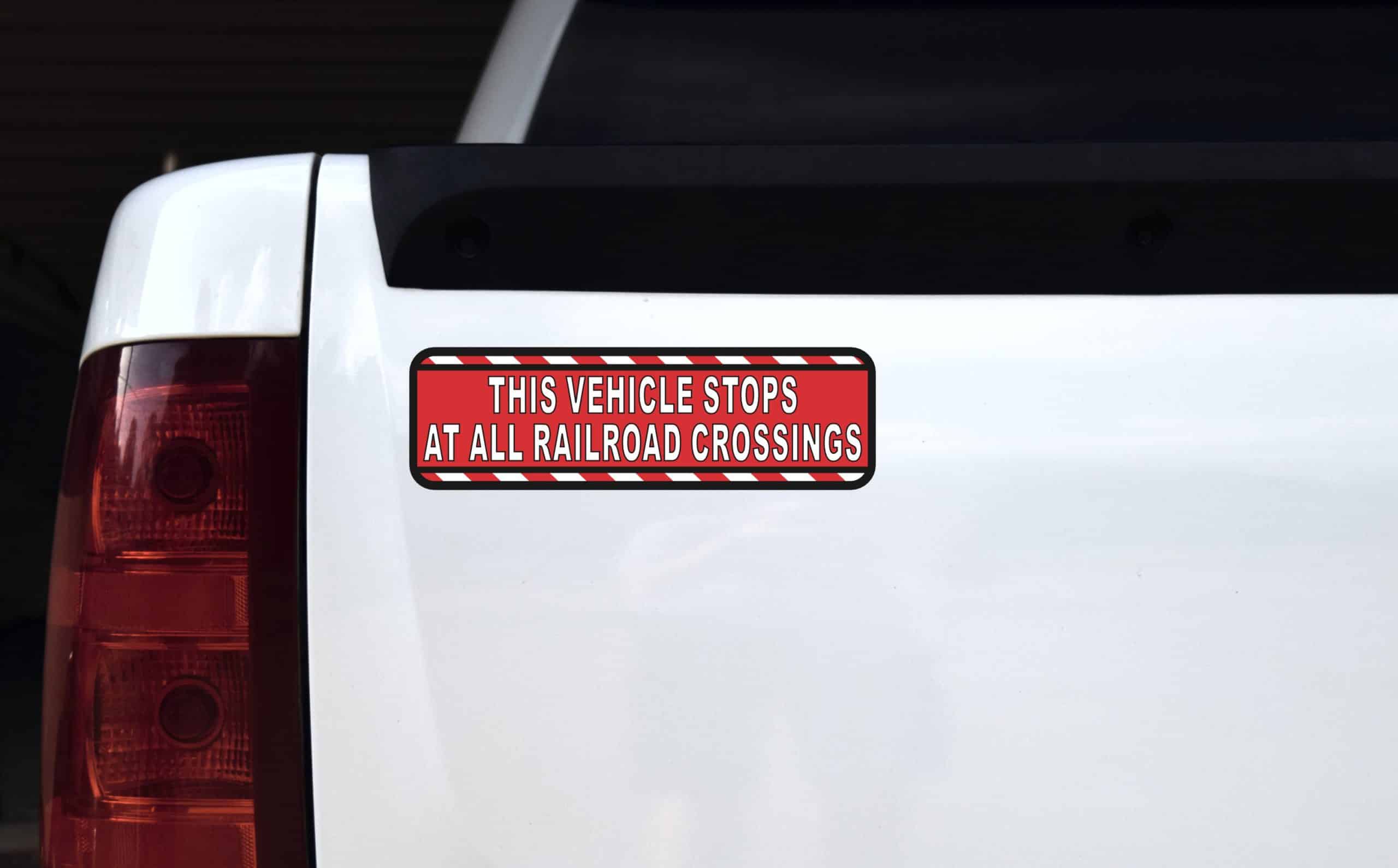 StickerTalk Vehicle Stops at All Railroad Crossings Red Vinyl Sticker, 10 inches by 3 inches