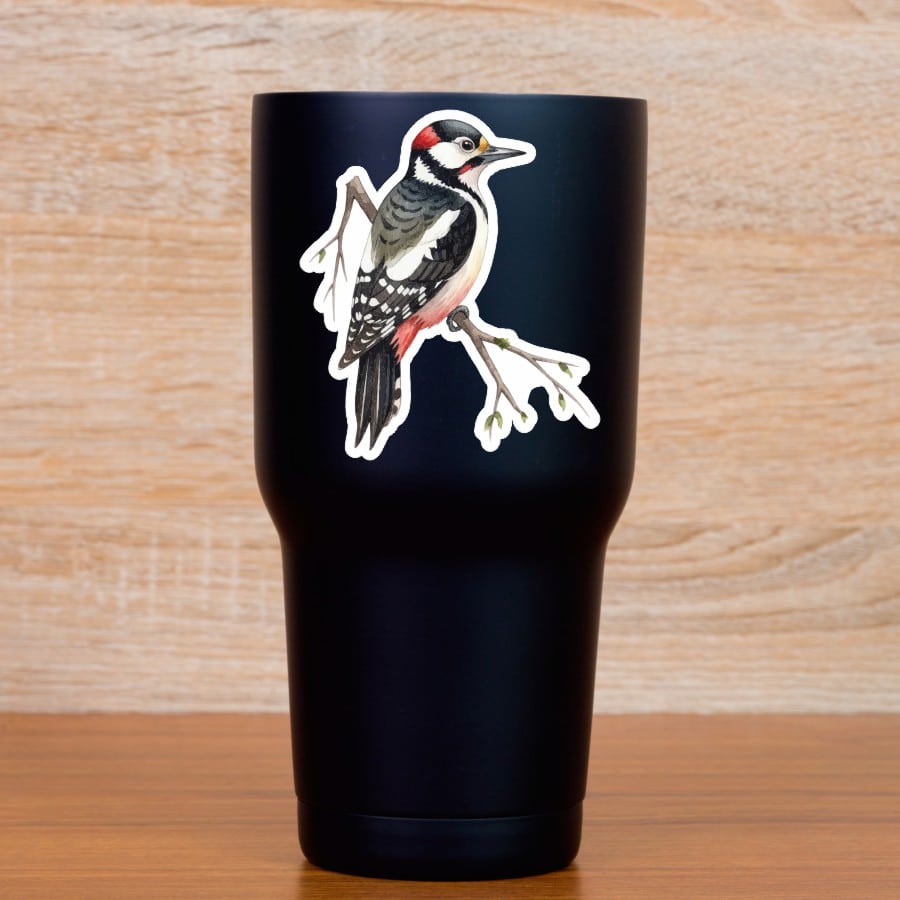 StickerTalk Great Spotted Woodpecker on Branch Vinyl Sticker Sheet, 3 inches by 3.5 inches