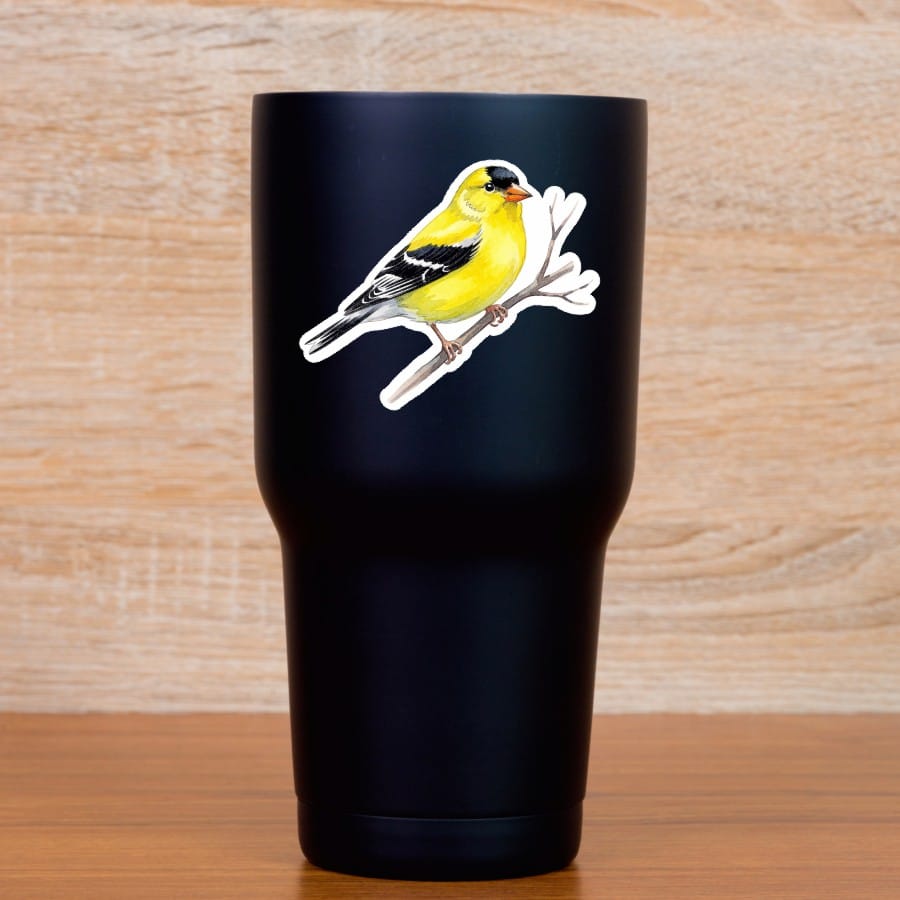 StickerTalk Mirrored American Goldfinch on Tree Branch, 3 inches by 2.5 inches