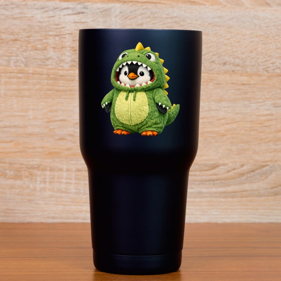 StickerTalk Penguin in Dino Costume Cartoon Vinyl Sticker Sheet, 2.5 inches by 3 inches