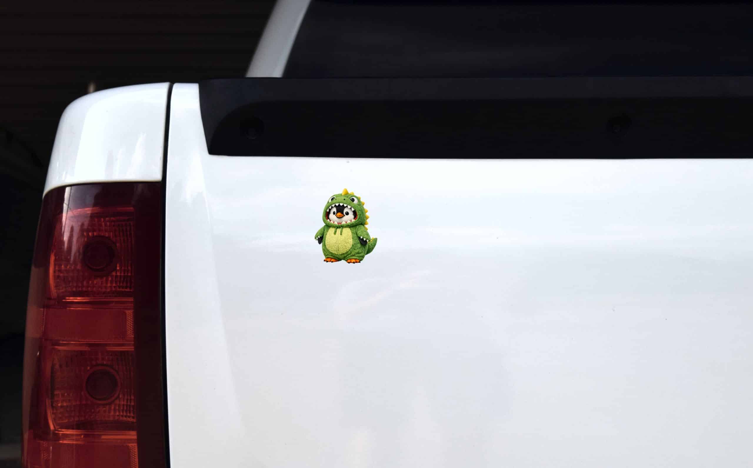 StickerTalk Penguin in Dino Costume Cartoon Vinyl Sticker Sheet, 2.5 inches by 3 inches