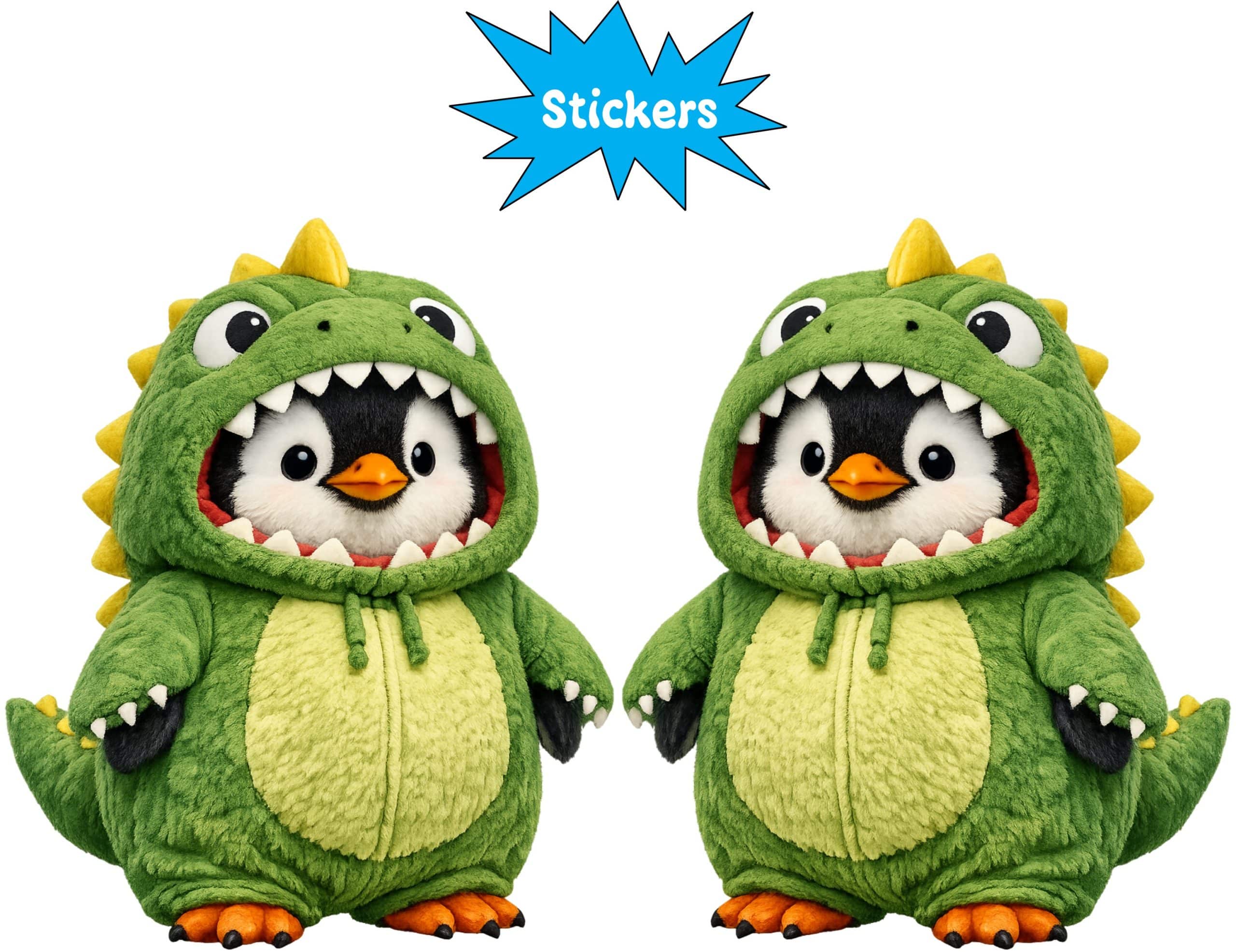 StickerTalk Penguin in Dino Costume Cartoon Vinyl Sticker Sheet, 2.5 inches by 3 inches