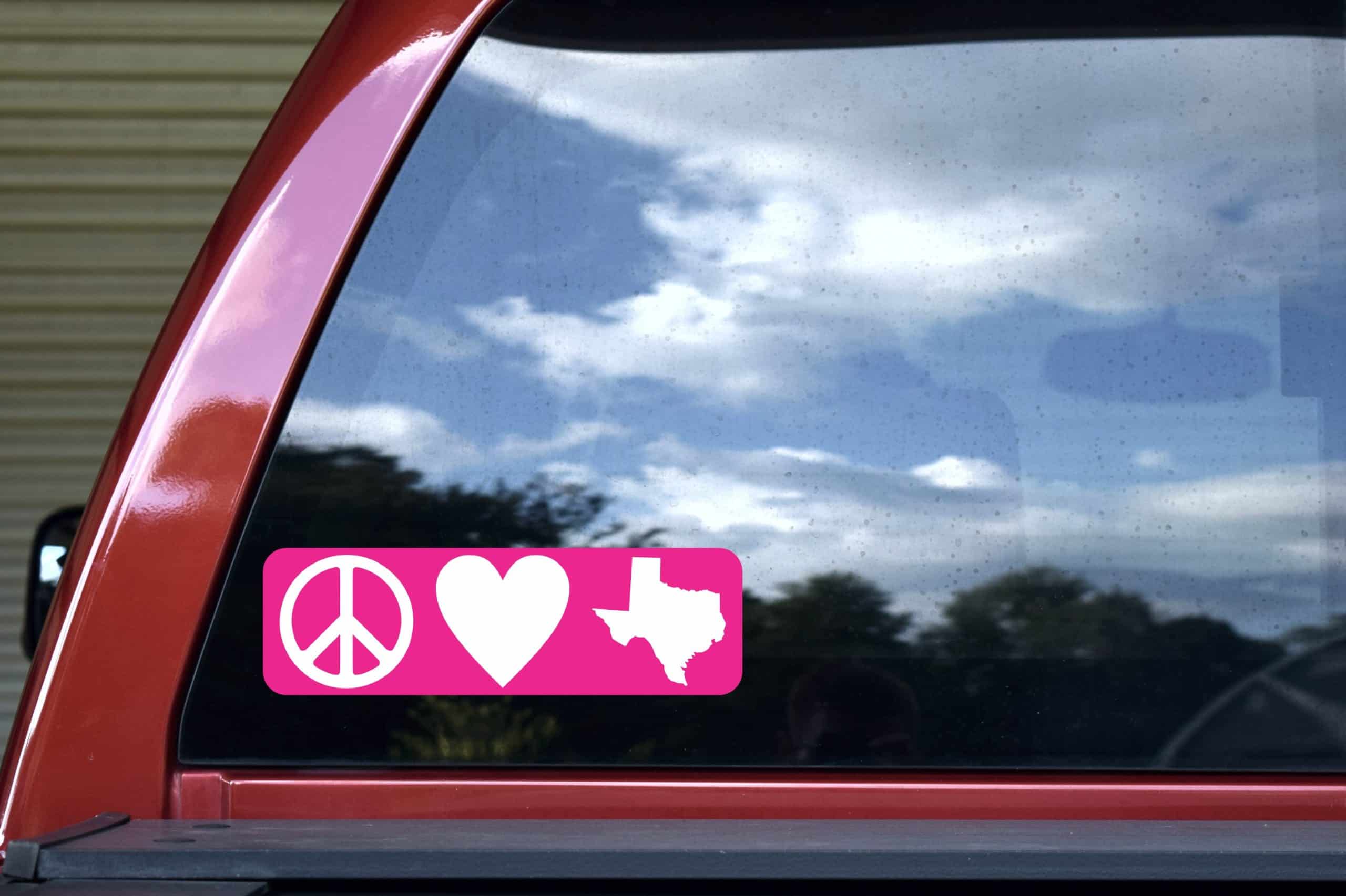 StickerTalk, Pink Peace Love Texas Vinyl Sticker, 10 inches wide by 3 inches tall