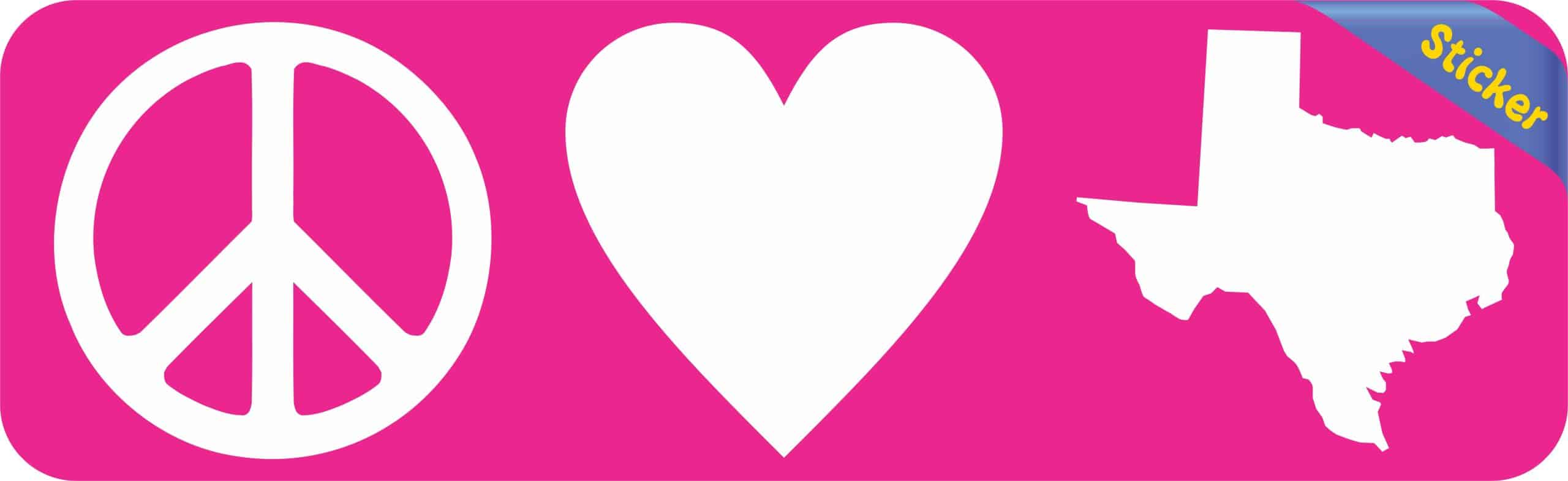 StickerTalk, Pink Peace Love Texas Vinyl Sticker, 10 inches wide by 3 inches tall