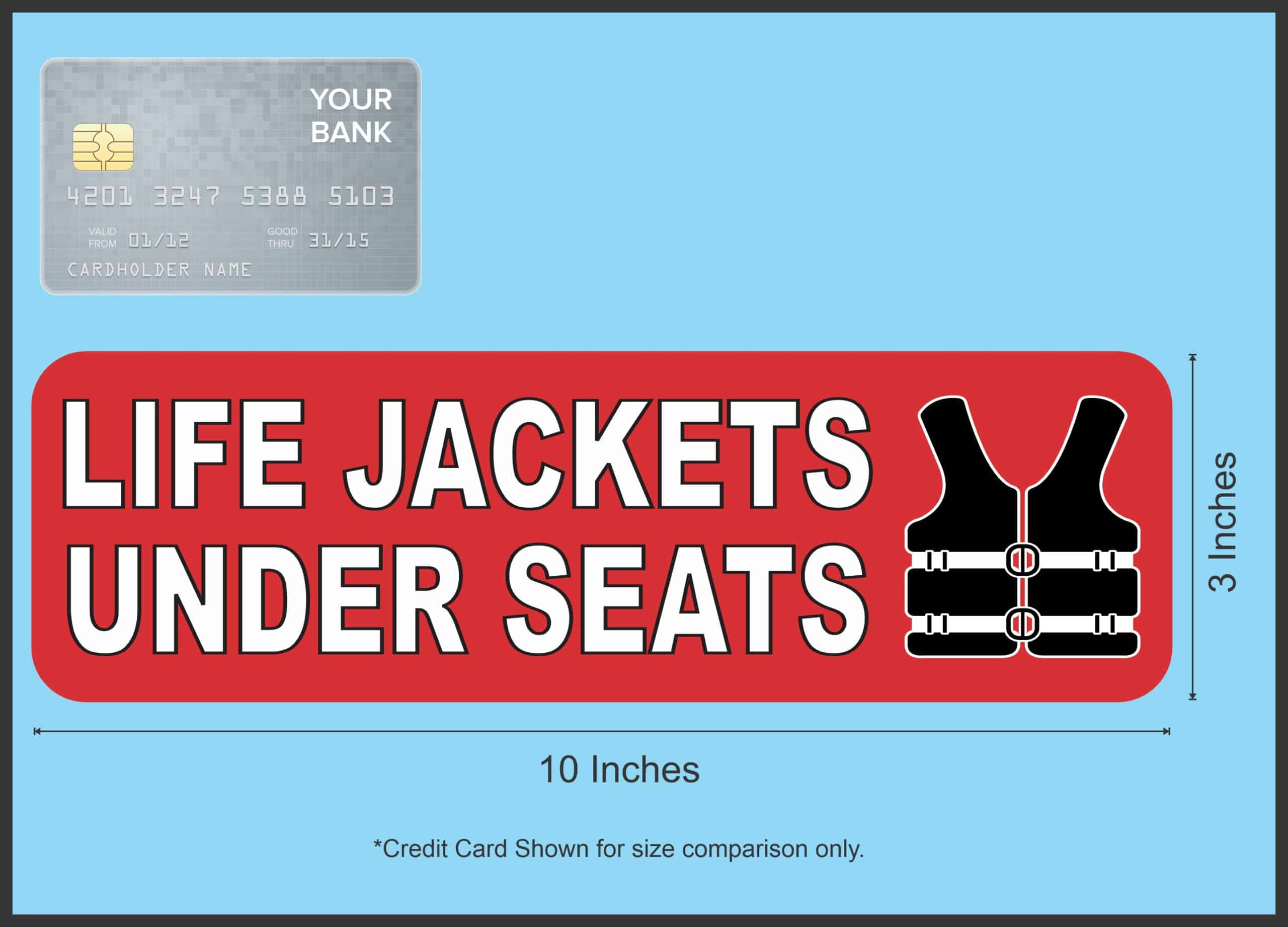 StickerTalk Life Jackets Under Seats Sticker, 10 inches by 3 inches