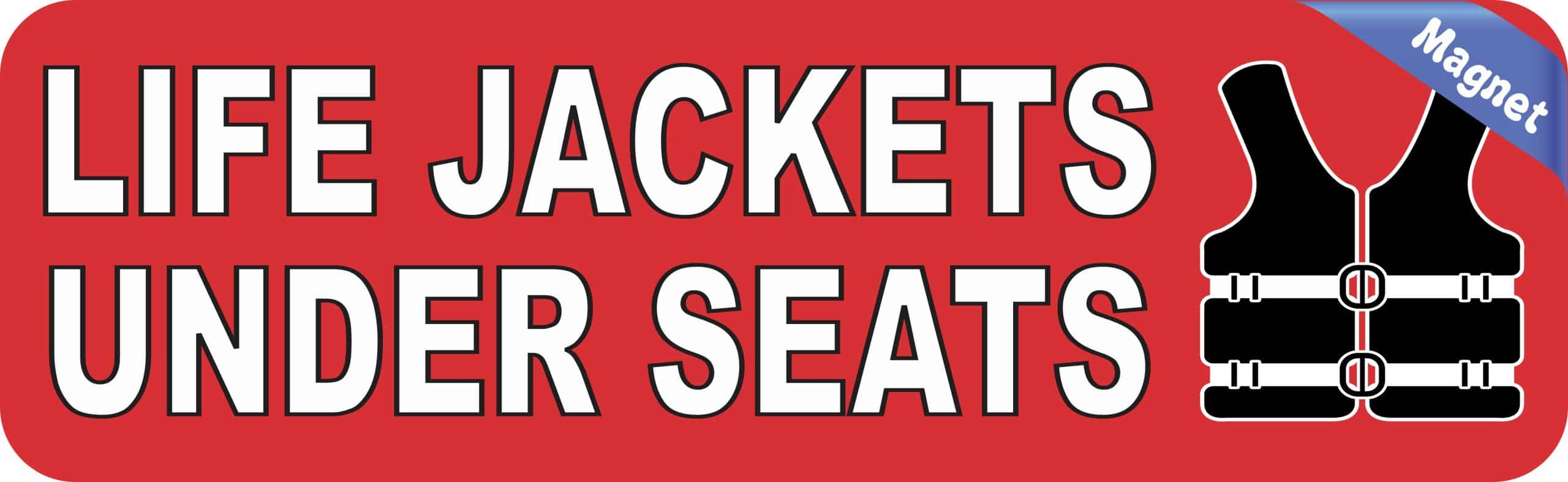 StickerTalk Life Jackets Under Seats Magnet, 10 inches by 3 inches