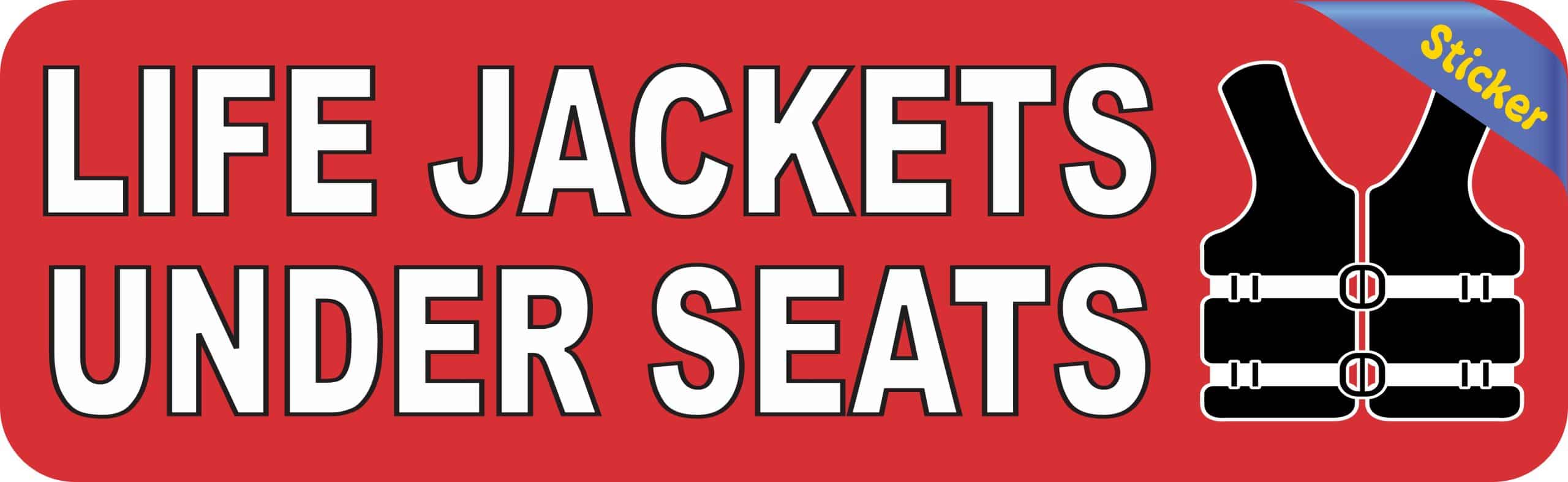 StickerTalk Life Jackets Under Seats Sticker, 10 inches by 3 inches