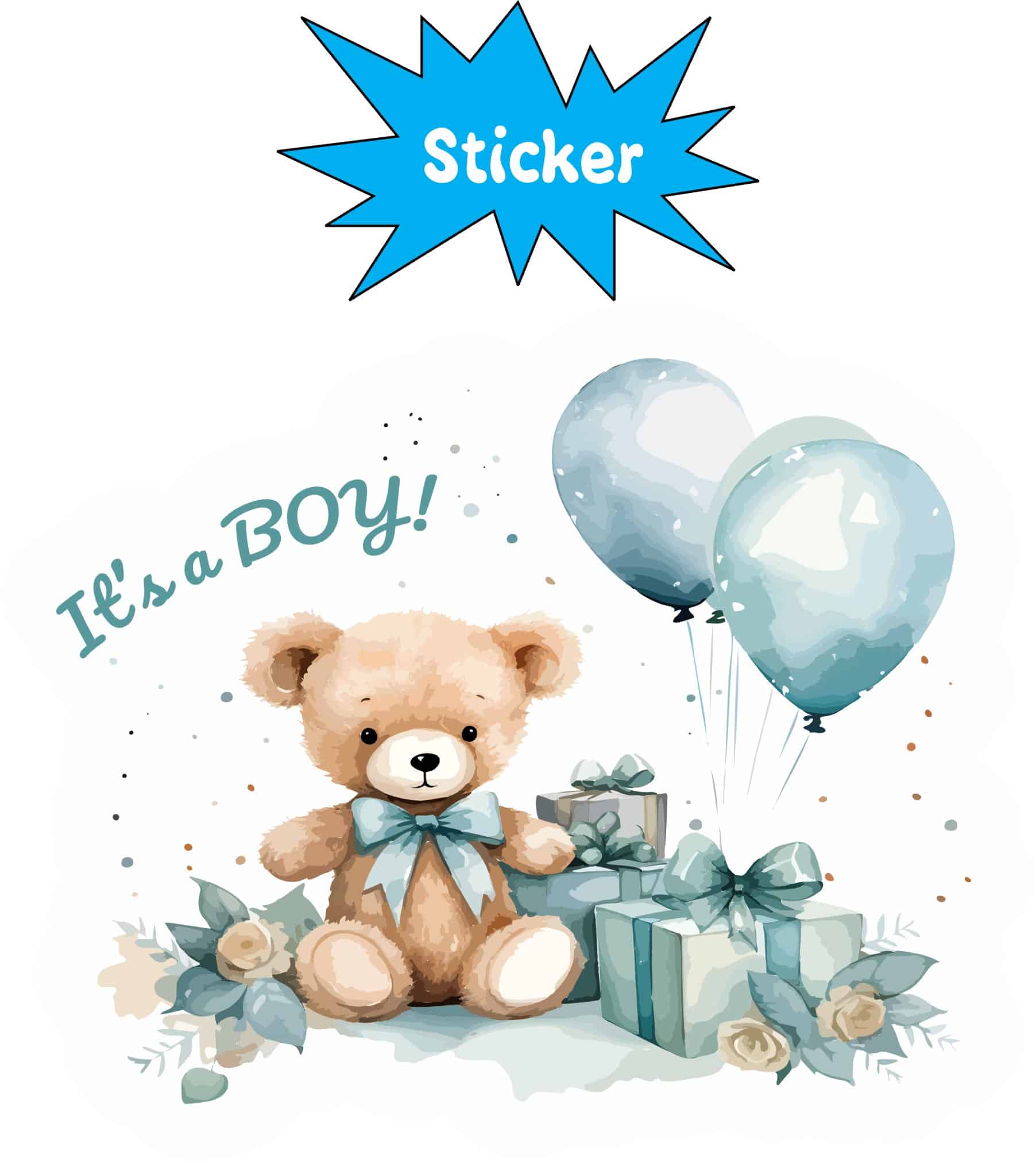 StickerTalk It's a Boy Teddy Bear Sticker, 3 inches by 2.5 inches