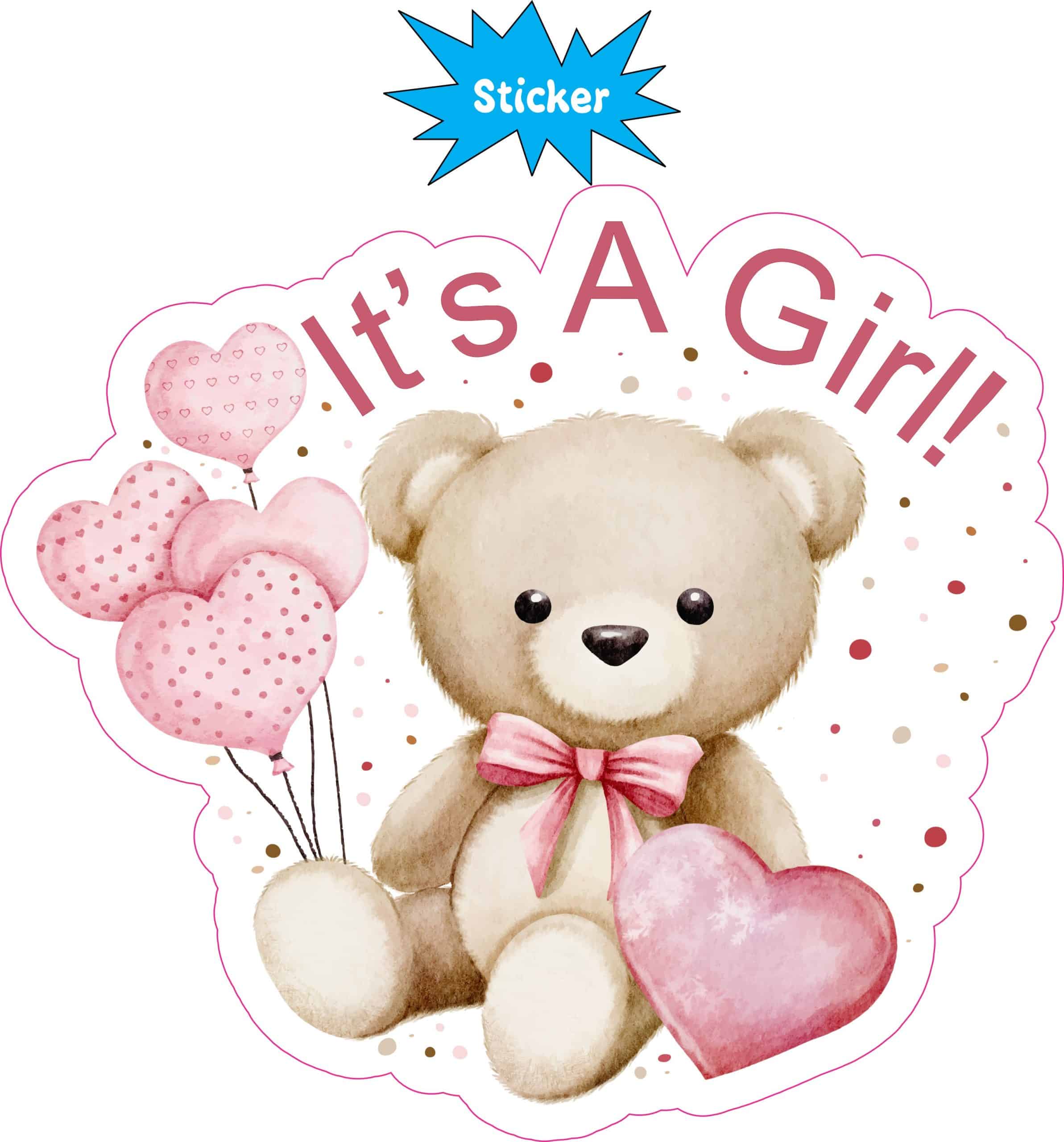 StickerTalk It's A Girl Teddy Bear Sticker, 5 inches by 4.5 inches